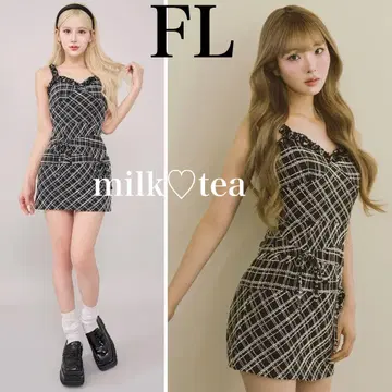 택 포함 새상품 다리치 트위드 체크 리본 미니 원피스 블랙 FL