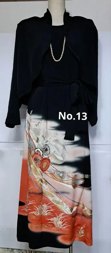 블랙 전통 예복 기모노 리메이크 볼레로 롱 드레스 풍경화