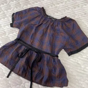 모베즈엘브 체크 블라우스 끈 벨트 브라운 x 네이비 코튼 린넨
