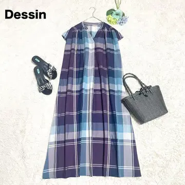 데셍Desssin 블록 체크 패턴 프렌치 슬리브 원피스