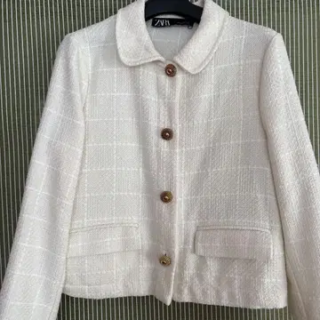 ZARA 화이트 체크 무늬 트위드 재킷