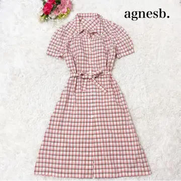 [새상품급] 아녜스 베 무릎 기장 셔츠 원피스 체크 무늬 벨트 포함 38