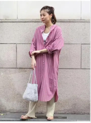 relume 스트라이프 밴드 카라 셔츠 원피스 핑크