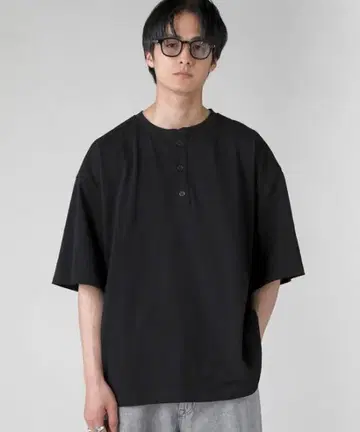 EPIC 빈티지 가공 반팔 헨리넥 티셔츠 블랙 M