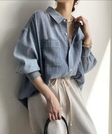 DOUDOU 소매 리브 시어 데님 셔츠 택 포함 당일 발송