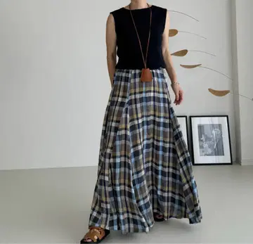 FRENCH LINEN LONG FLARE SKIRT CHECK