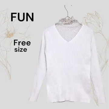 FUN 새상품급 목 레이스 티셔츠 리브 긴팔 레이스 프리 사이즈 화이트