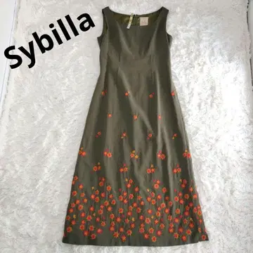 Sybilla 시빌라 모스 그린 자수 롱 원피스 슬리브리스