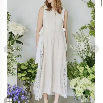 Riu / 리우 사이드 레이스 리본 점퍼 드레스 롱 원피스