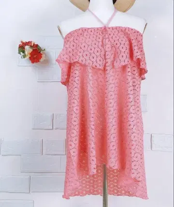 핑크 오프숄더 레이스풍 튜닉