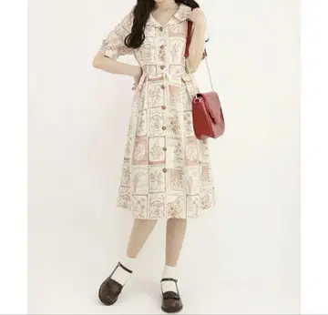 새상품급 피 플라워 시드 패키지 패턴 원피스 오렌지