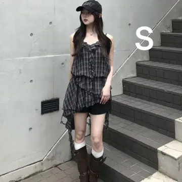 블랙 체크 프릴 아지메 미니 원피스 S 튜닉 블랙 emmy