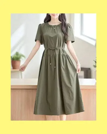 미사용 새상품! 개더 넥 허리 리본 원피스 카키