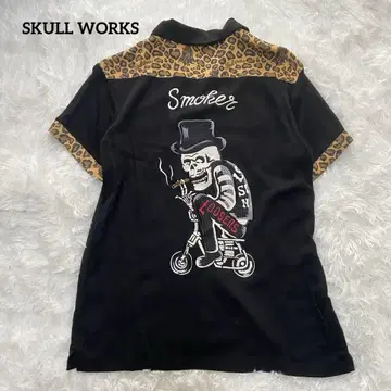 새상품급 SKULL WORKS 셔츠 스컬 자수 블랙 레오파드 무늬
