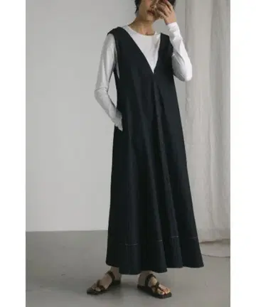스타일미키서 디 V 스티치 데님 플레어 원피스 M