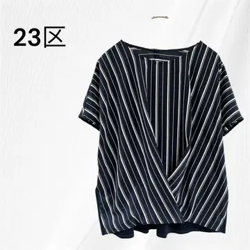 23구 프렌치 슬리브 반팔 티셔츠 스트라이프 상의 F 네이비