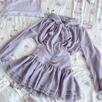 연보라 리본 블라우스 & 플레어 스커트 세트