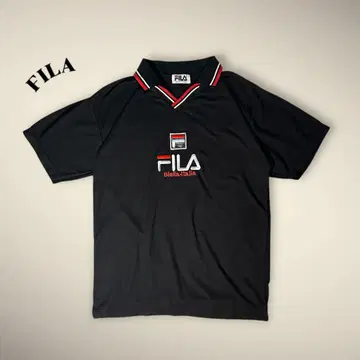 FILA 휠라 반팔 셔츠 V넥 카라 부착 스포츠 로고 자수 블랙