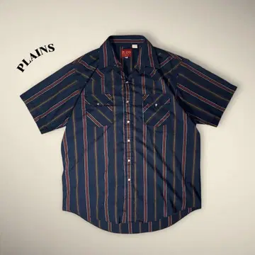 PLAINS 플레이 반팔 셔츠 웨스턴 스트라이프 패턴 네이비 L