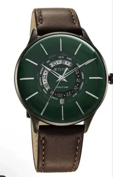 Titan GMT 시계 파란색 가죽 밴드 22개국 시간