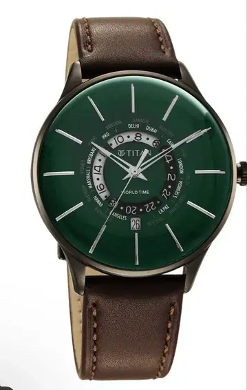 Titan GMT 시계 파란색 가죽 밴드 22개국 시간