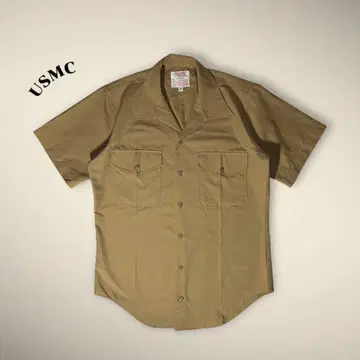 USA 제 U.S.M.C. 밀리터리 반팔 셔츠 오픈 카라 베이지