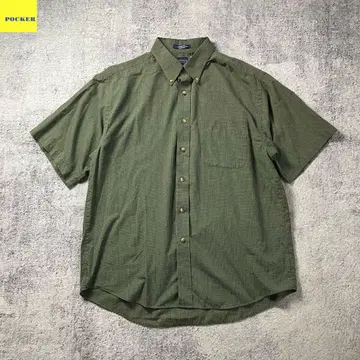 00s ARROW 체크 무늬 반팔 버튼 다운 셔츠 폴리 코튼 카키색 계열