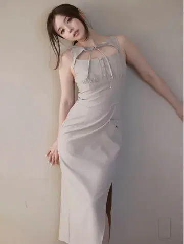 andmary Navi ribbon long dress beige