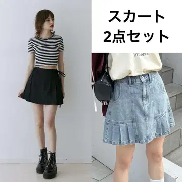 Jouetie CHAOPANIC 플리츠 스커트 미니 스커트 블랙 데님