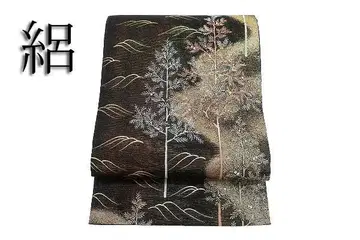 새상품급 후쿠로 오비 여름 오비 명주 블랙 박사 지엽 금실 멋 순수 실크