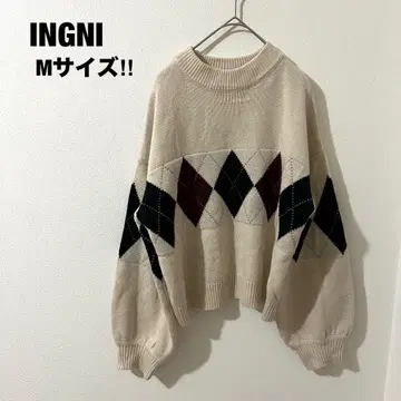 INGNI 잉그 아가일 무늬 니트 스웨터 퍼프 슬리브 M 베이지