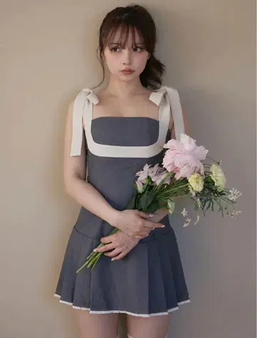 andmary Chuchu pleats ribbon dress gray