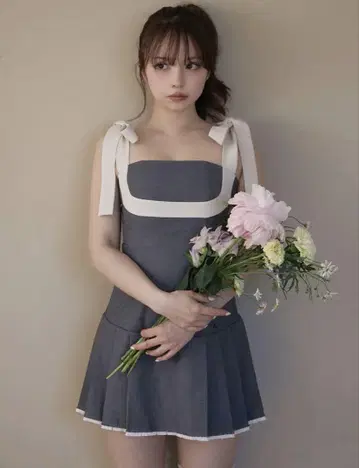 andmary Chuchu pleats ribbon dress gray