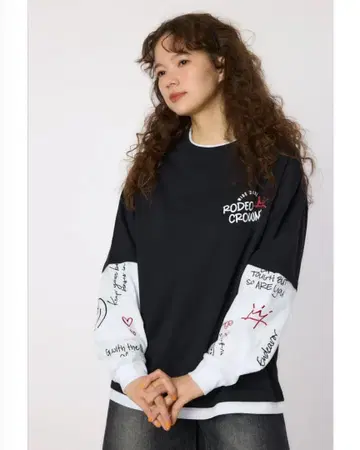 로데오 크라운 [ UNISEX ] 페이크 레이어드 롱 슬리브 T셔츠 블랙
