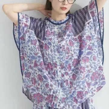 미사용 새상품 루피리안 인도 면 프릴 블라우스 블록 프린트 퍼플