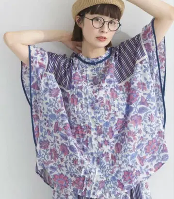미사용 새상품 루피리안 인도 면 프릴 블라우스 블록 프린트 퍼플