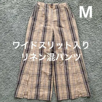 린넨 혼방 슬릿 와이드 팬츠 턱 체크 무늬 M