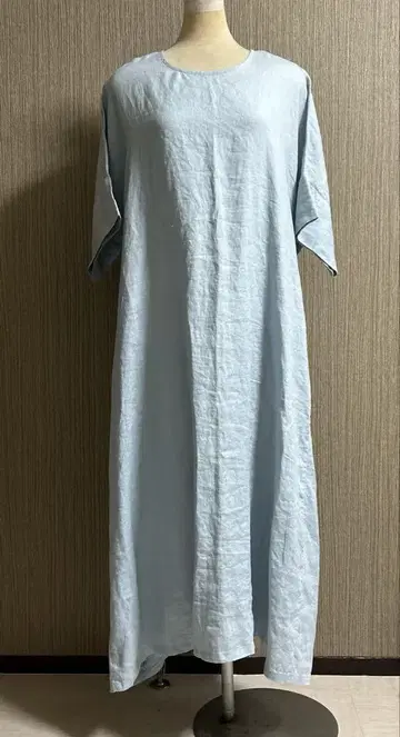 이스타일 롱 원피스 린넨 100% 스카이블루 천연 소재