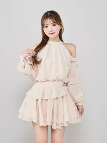 Darich 볼륨 쉬폰 미니 원피스 핑크 베이지