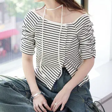 오프숄 골지 5부 소매 티셔츠 보더
