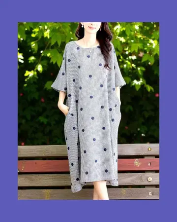 미사용 새상품! 카라 도트 자수 깅엄 롱 원피스 네이비
