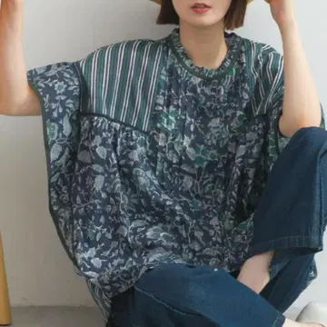 미사용 새상품 루피리안 인도 면 프릴 블라우스 블록 프린트 네이비