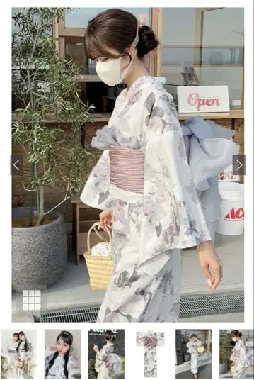 그레이 꽃무늬 유카타 오비 세트