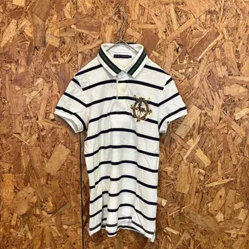 RALPH LAUREN 반팔 피케 셔츠 보더 화이트 여성용 L