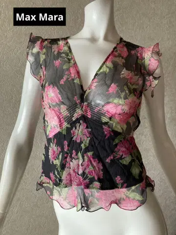 Max Mara 플라워 프린트 쉬폰 실크 블라우스 최고급 화이트 택