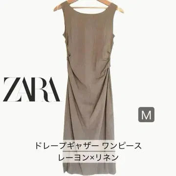 ZARA 드레이프 개더 미디 원피스 M 사이즈 린넨 카키