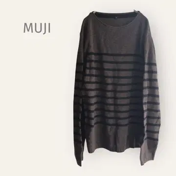 muji [M] 짙은 갈색 네이비 보더 울 스웨터 알파카 혼방 라운드넥