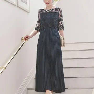 kana 플라워 자수 레이스 절개 플리츠 롱 파티 드레스 네이비