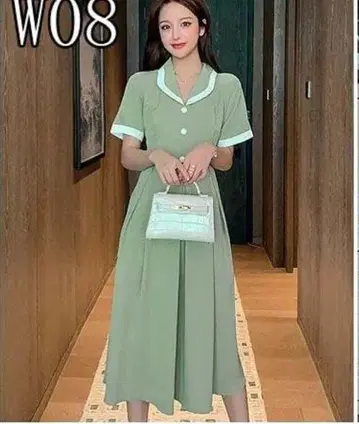 한국 패션 카라 부착 배색 롱 원피스 싸개 버튼