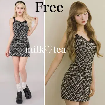 택 포함 새상품 다리치 트위드 체크 리본 미니 원피스 블랙 프리